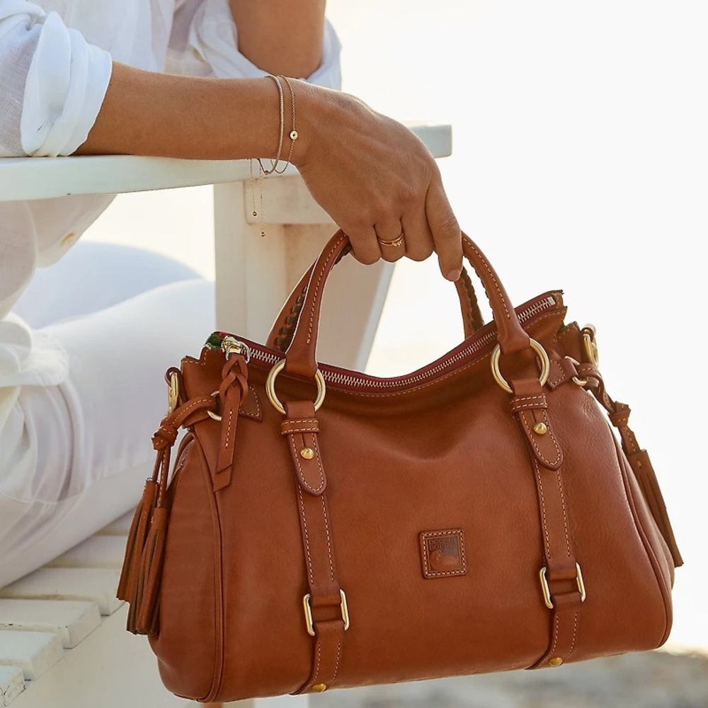 Dooney & Bourke Florentine Large Leather Tasseled Satchel Bag (Natural)